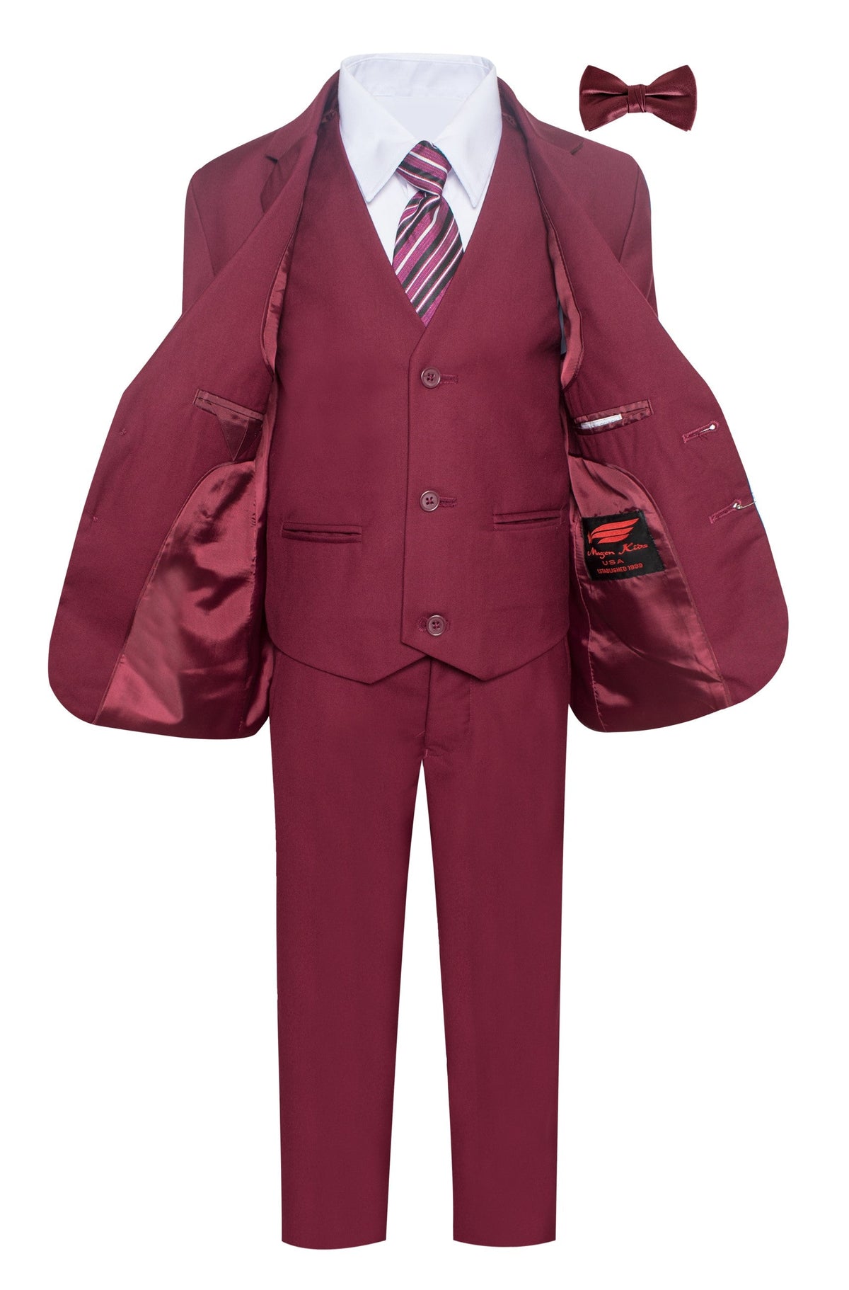 Boys burgundy suit with jacket open showing the fully lined interior, matching vest and flat-front dress pants