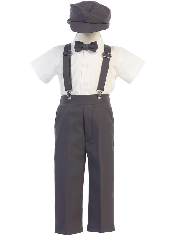 Charcoal Grey Pants and Suspenders Outfit for Infants displayed on mannequin with white shirt, bow tie, and cap. Perfect for formal toddler wear.