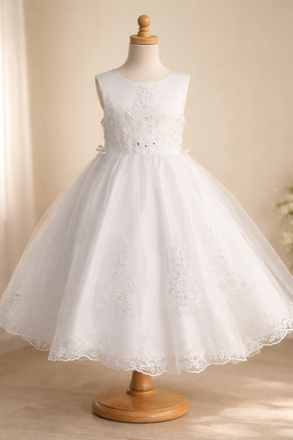 728 Girls White First Communion Dress Satin w/ Embroidered Tulle, Sequins, Beads, & Rhinestones
