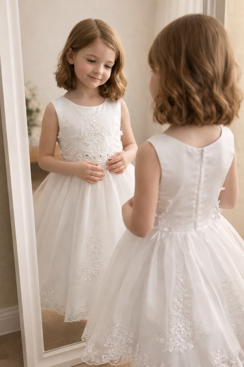 728 Girls White First Communion Dress Satin w/ Embroidered Tulle, Sequins, Beads, & Rhinestones