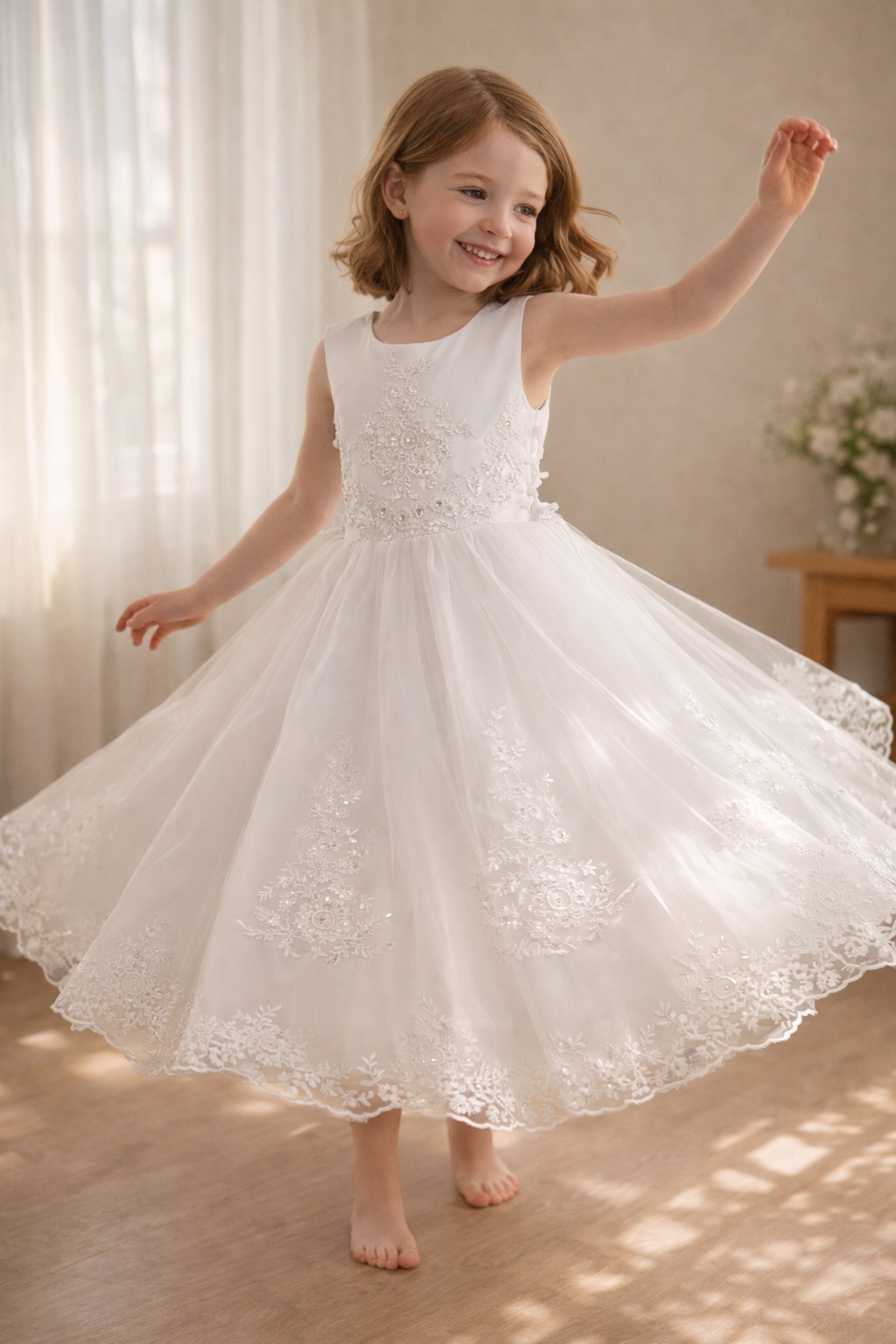 728 Girls White First Communion Dress Satin w/ Embroidered Tulle, Sequins, Beads, & Rhinestones