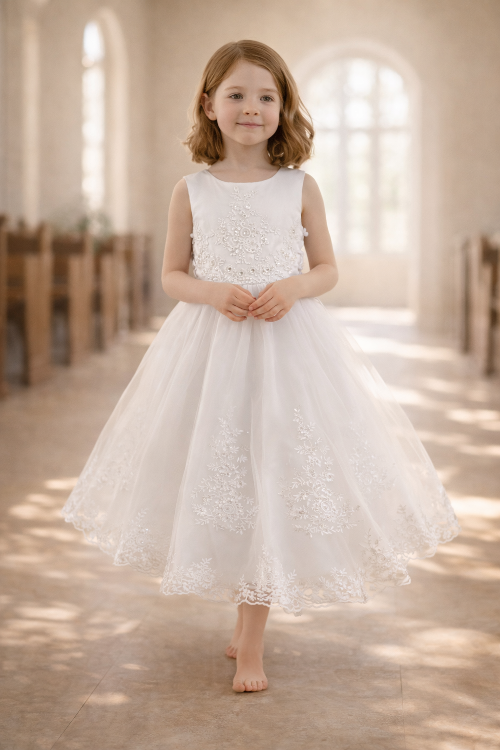 728 Girls White First Communion Dress Satin w/ Embroidered Tulle, Sequins, Beads, & Rhinestones
