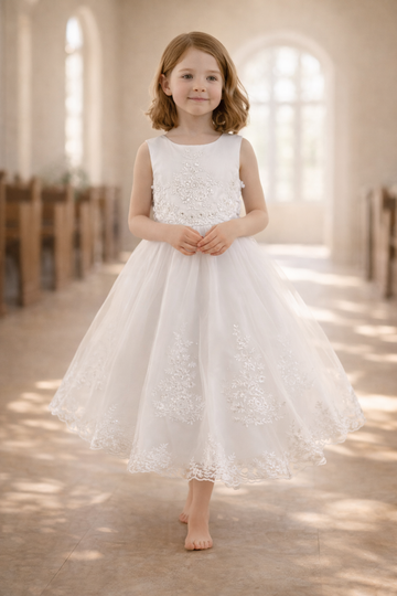 728 Girls White First Communion Dress Satin w/ Embroidered Tulle, Sequins, Beads, & Rhinestones
