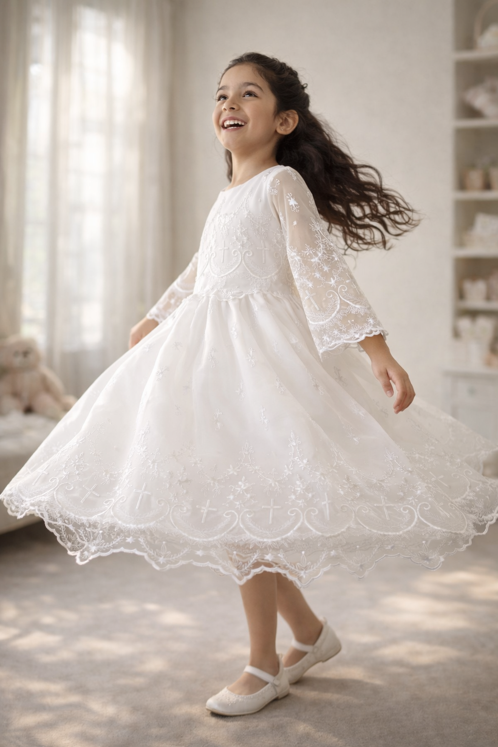 211 Girls White First Communion Dress w/ Corded Embroidered Tulle & Cross Designs