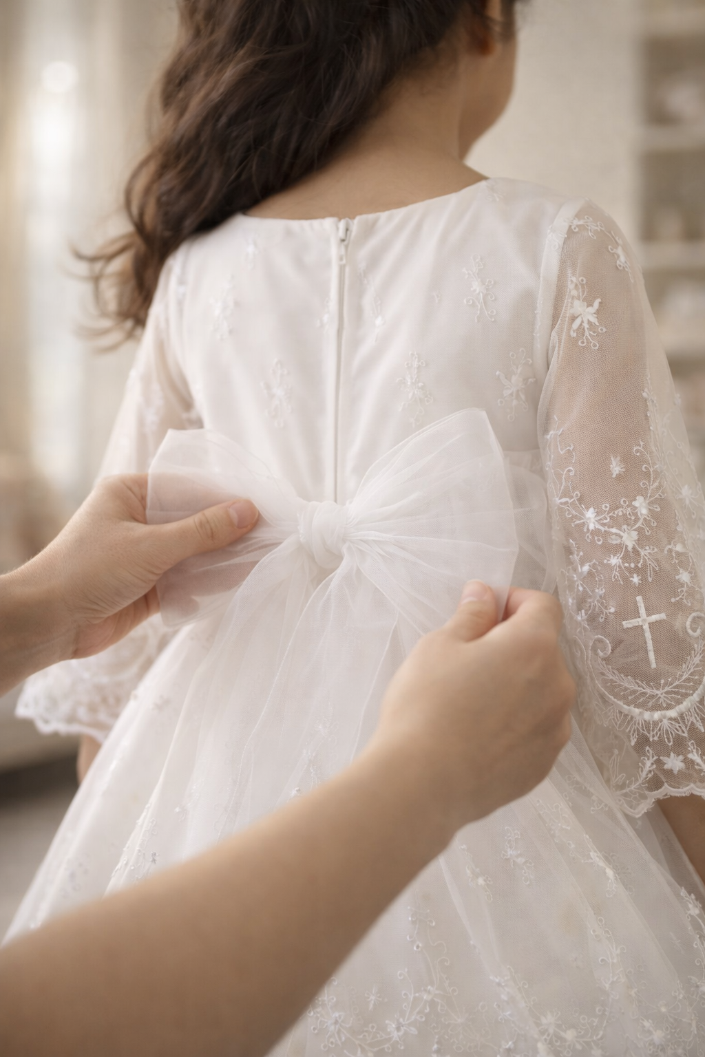 211 Girls White First Communion Dress w/ Corded Embroidered Tulle & Cross Designs