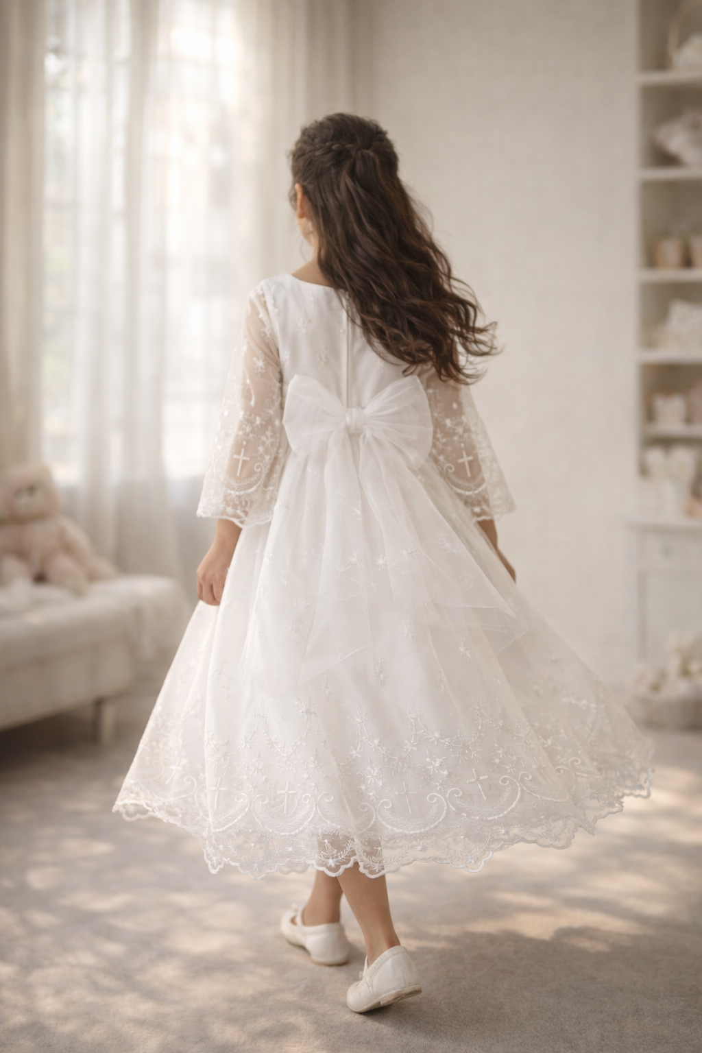 211 Girls White First Communion Dress w/ Corded Embroidered Tulle & Cross Designs