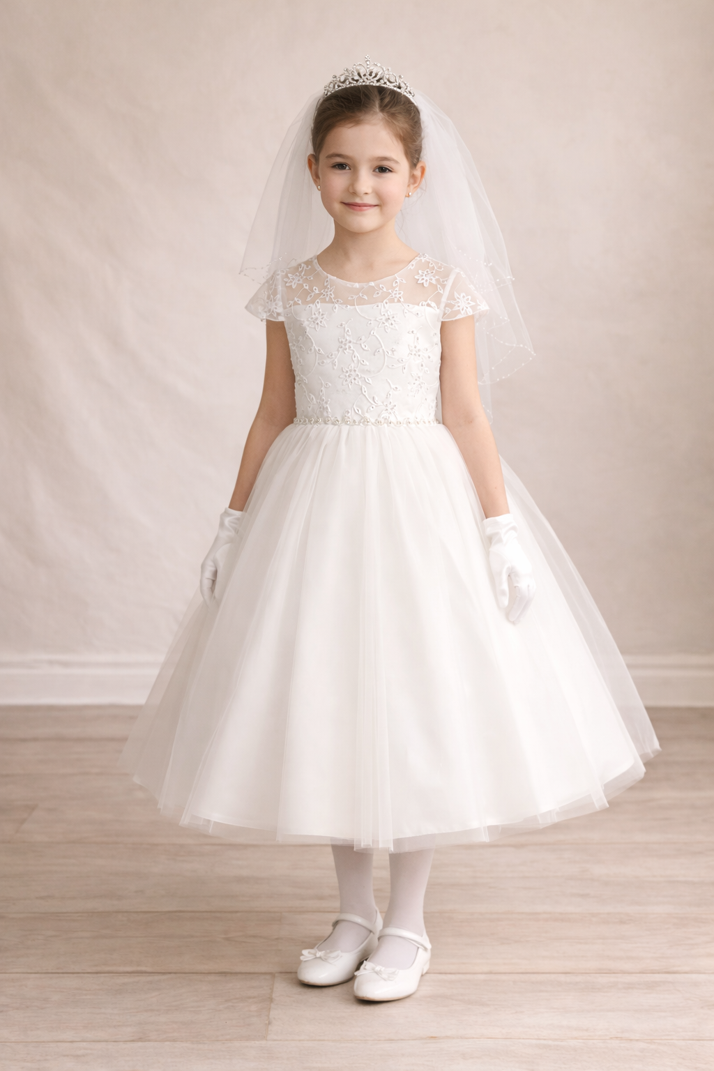 743 Girls White Communion Dress w/ Embroidered Tulle & Sequins & Pearls (NEW)