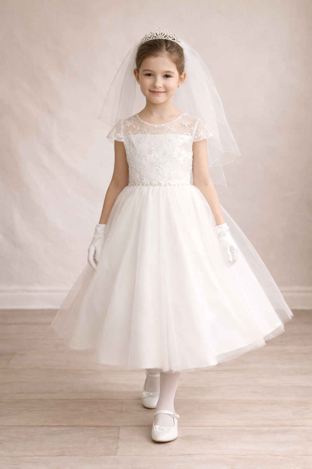 743 Girls White Communion Dress w/ Embroidered Tulle & Sequins & Pearls (NEW)