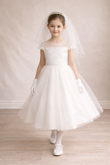 743 Girls White Communion Dress w/ Embroidered Tulle & Sequins & Pearls (NEW)