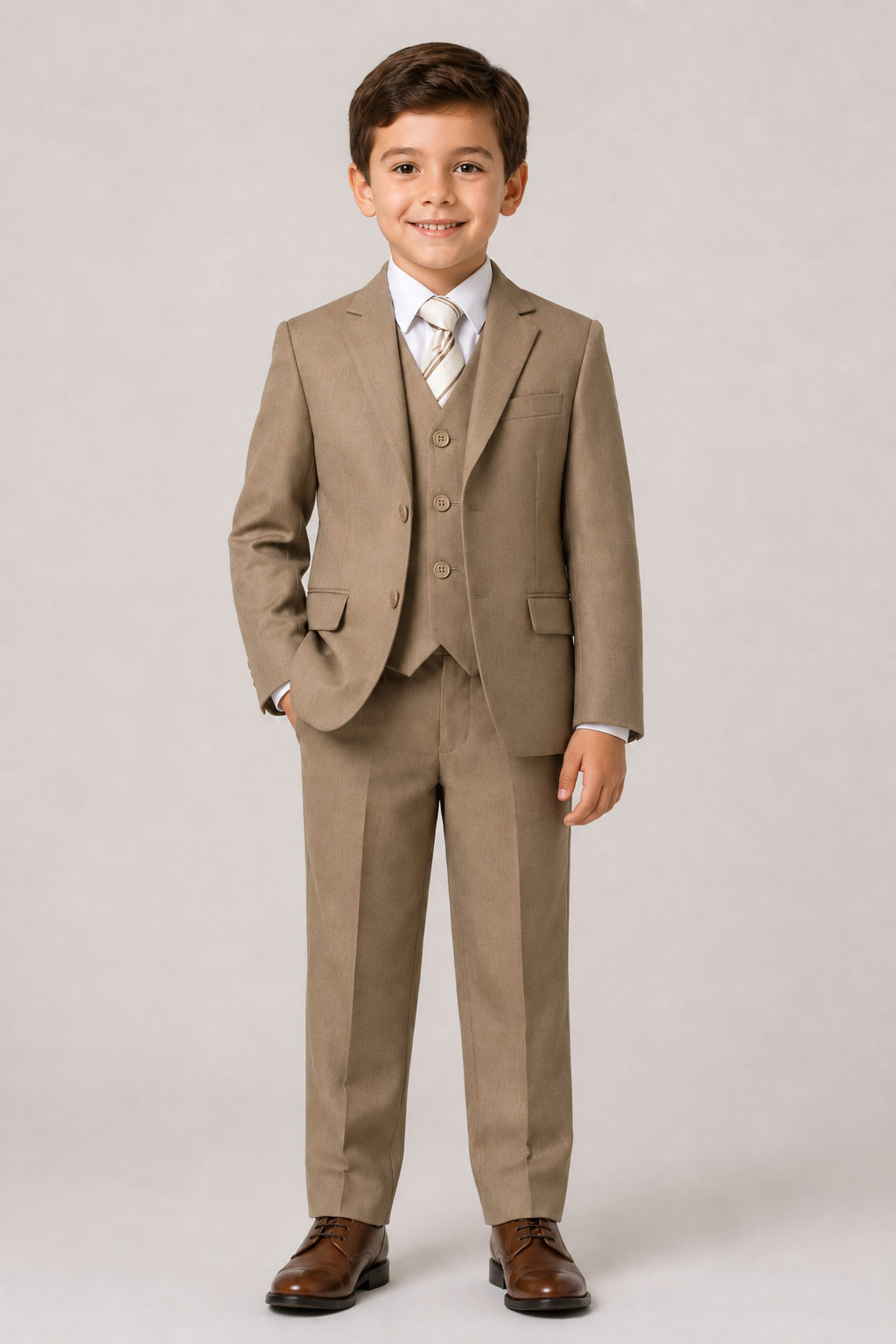 A young boy modeling a three-piece khaki suit with a white dress shirt, a patterned tie, and brown dress shoes, standing against a neutral gray studio background.