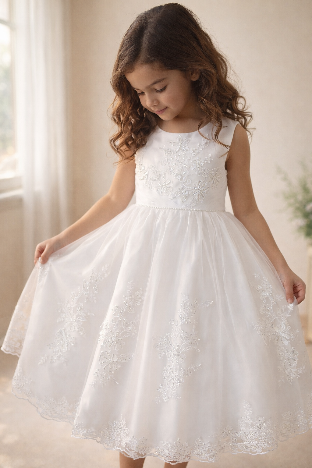 Young girl wearing a white communion dress in a softly lit room.