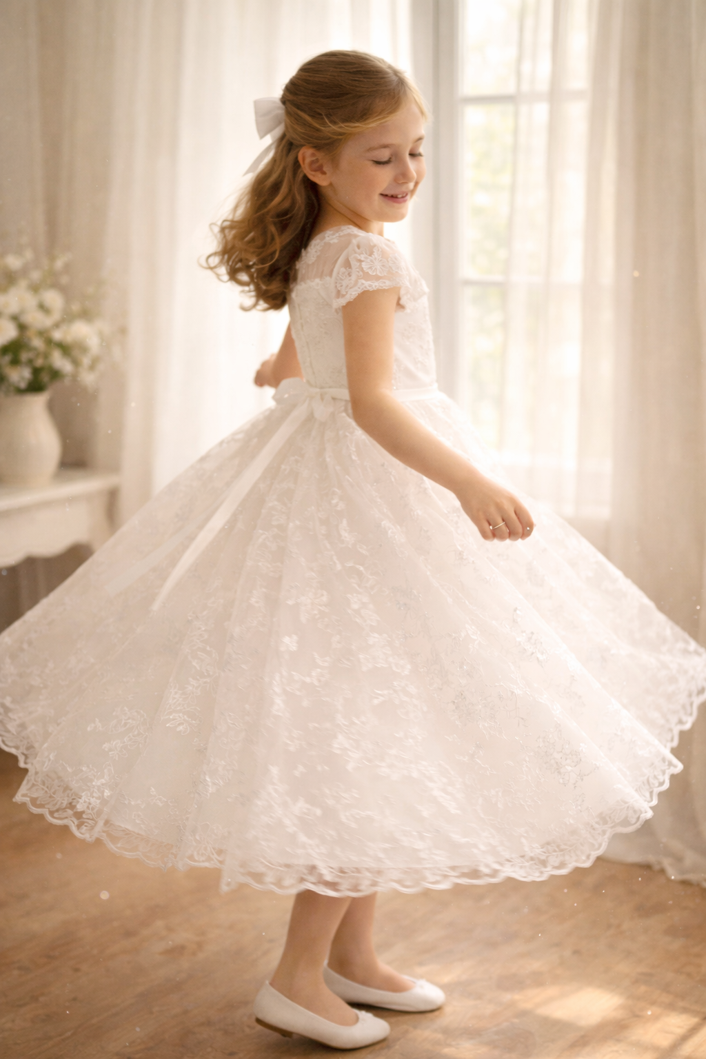 Girls White Communion Dress - Embroidered Tulle