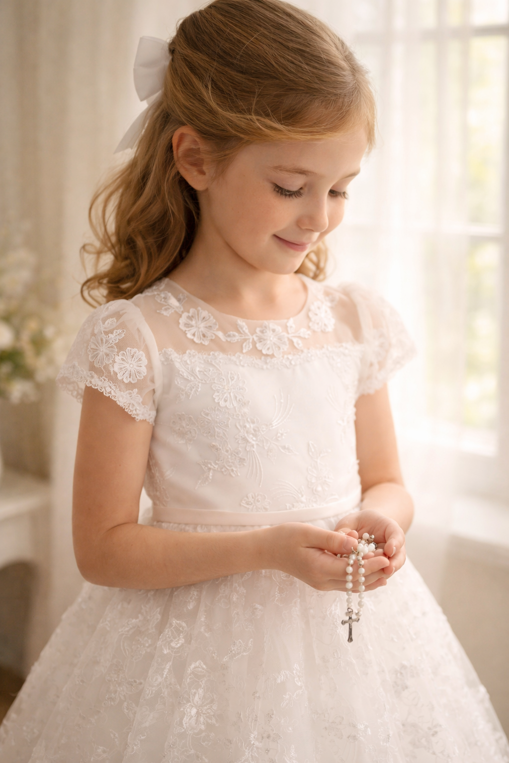 739 Girls White First Communion Dress w/ Embroidered Tulle & Sequins (NEW)