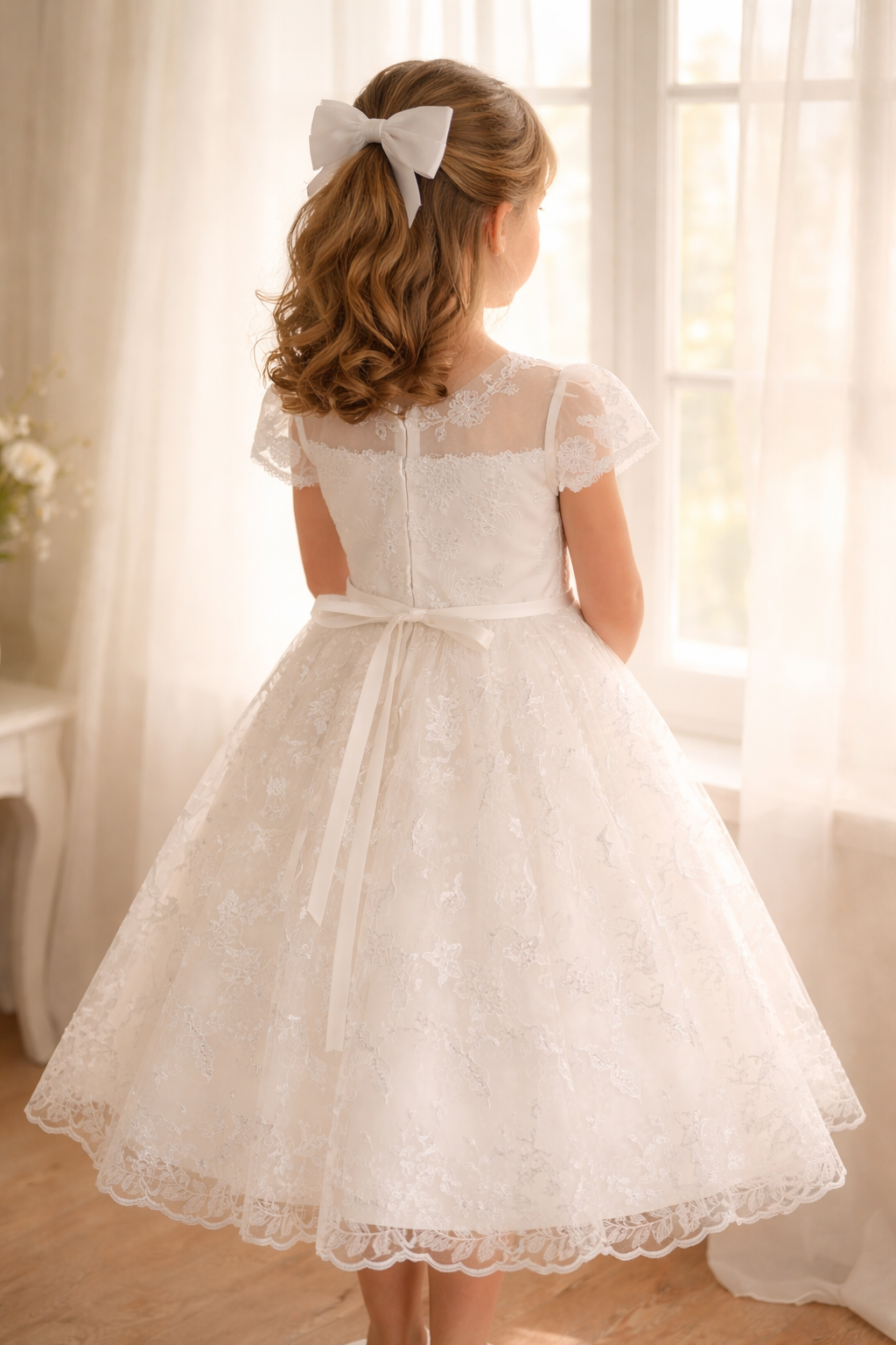 739 Girls White First Communion Dress w/ Embroidered Tulle & Sequins (NEW)
