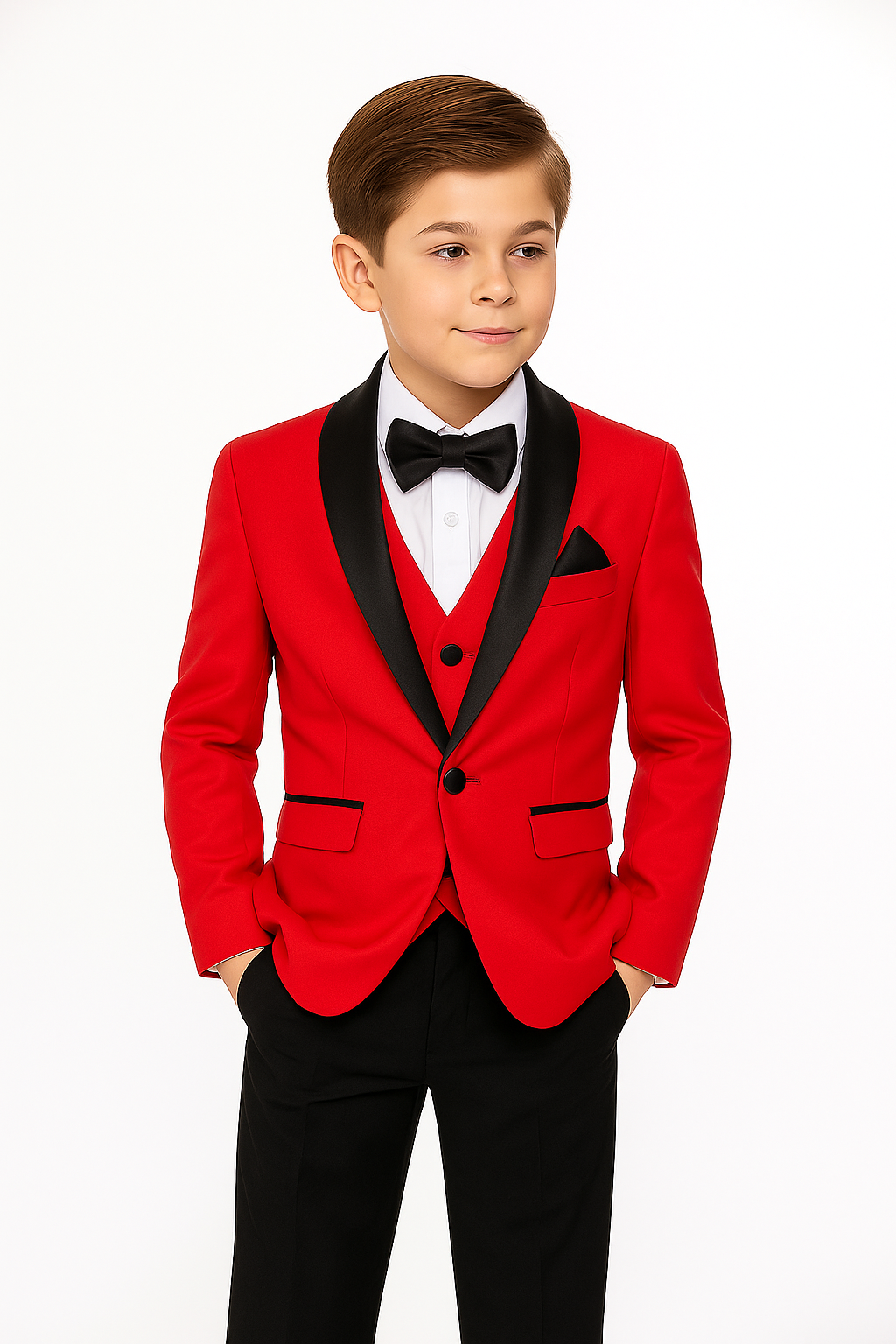 Young boy wearing a red suit with black lapels and bow tie on a white background