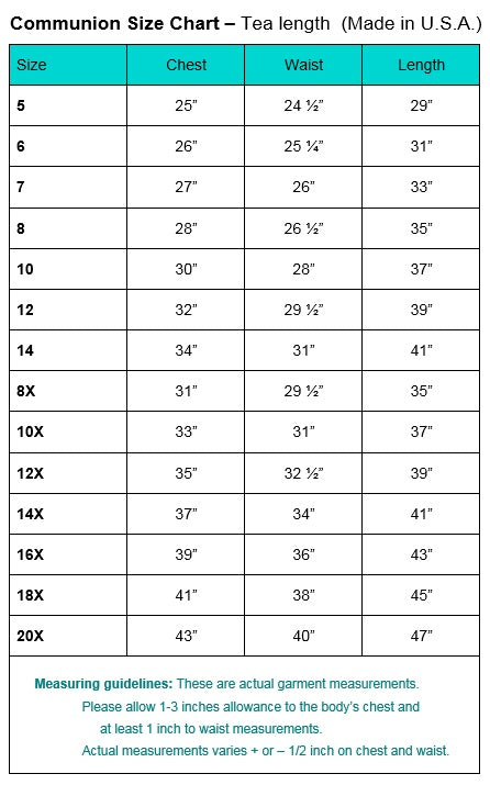 Communion dress size chart for girls, showing chest, waist, and length measurements for sizes 5 to 20X. Made in the USA for tea-length dresses.