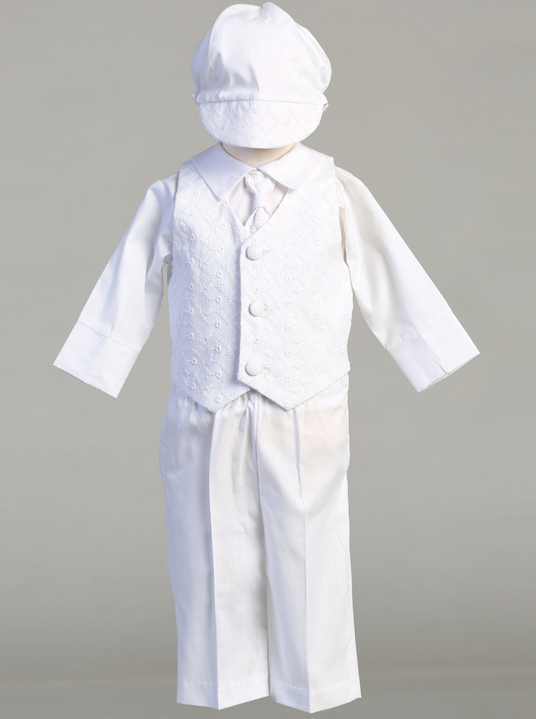Diego/Corey baby boys white baptism outfit with long-sleeve shirt, embroidered vest, tie, pants, and matching hat for formal christening events.