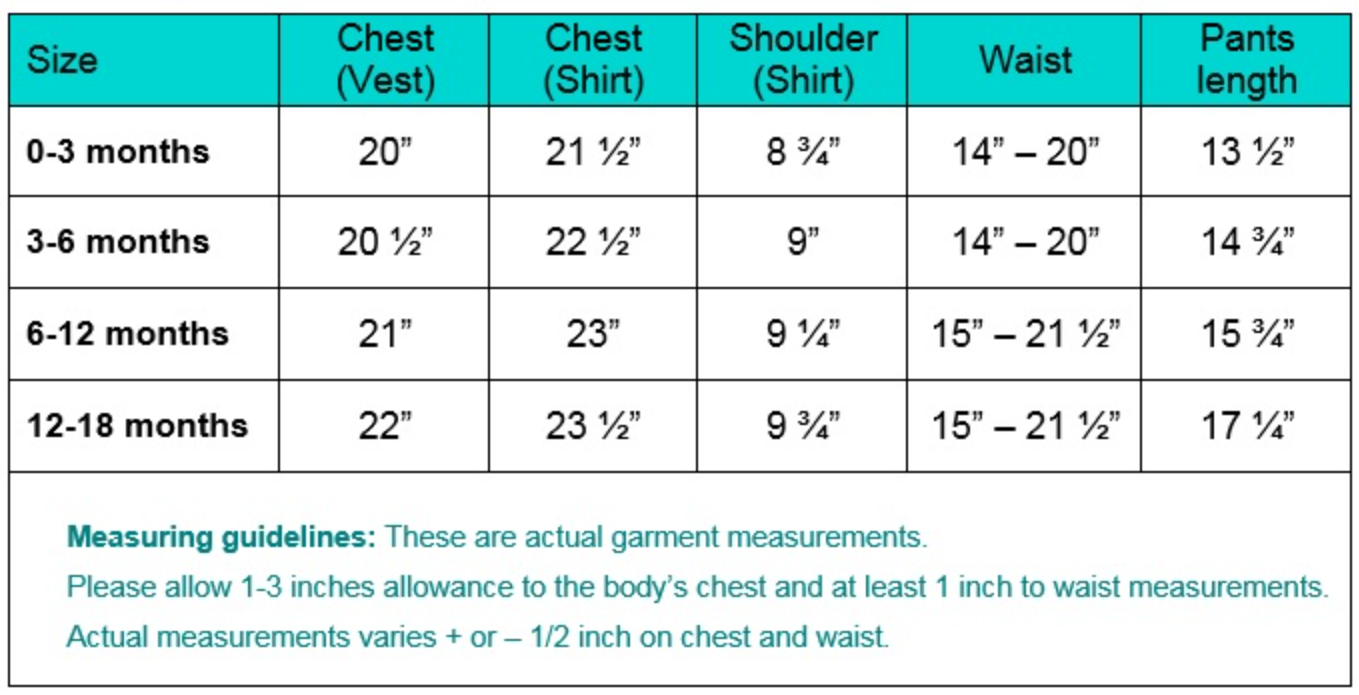 Size chart for Diego/Corey baby boys white baptism outfit with pants, showing chest, shoulder, waist, and pants length for sizes 0-3 months to 12-18 months.