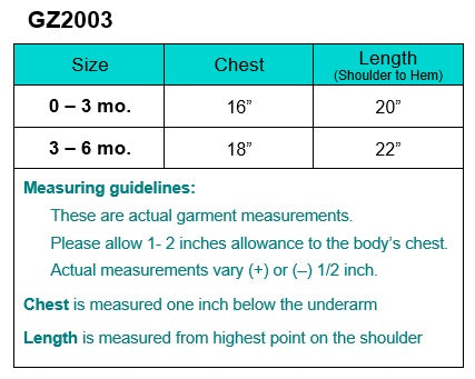 GZ2003W garment measurements and fitting guidelines