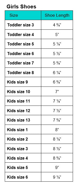 Girls shoe size chart showing toddler and kids sizes with corresponding shoe lengths in inches for accurate fitting.