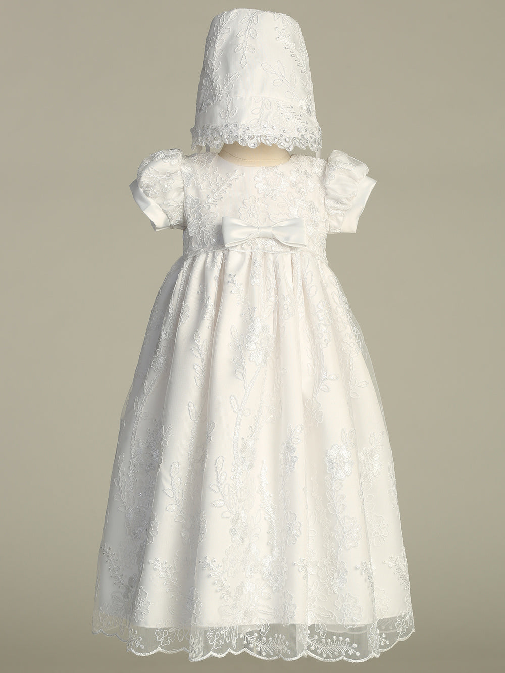 Elegant Girls White Baptism Gown - Grace with embroidered tulle, puff sleeves, and matching bonnet, ideal for infant christening ceremonies.