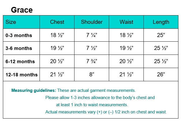 Size chart for Girls White Baptism Gown - Grace showing chest, shoulder, waist, and length measurements for 0-18 months infant sizes.
