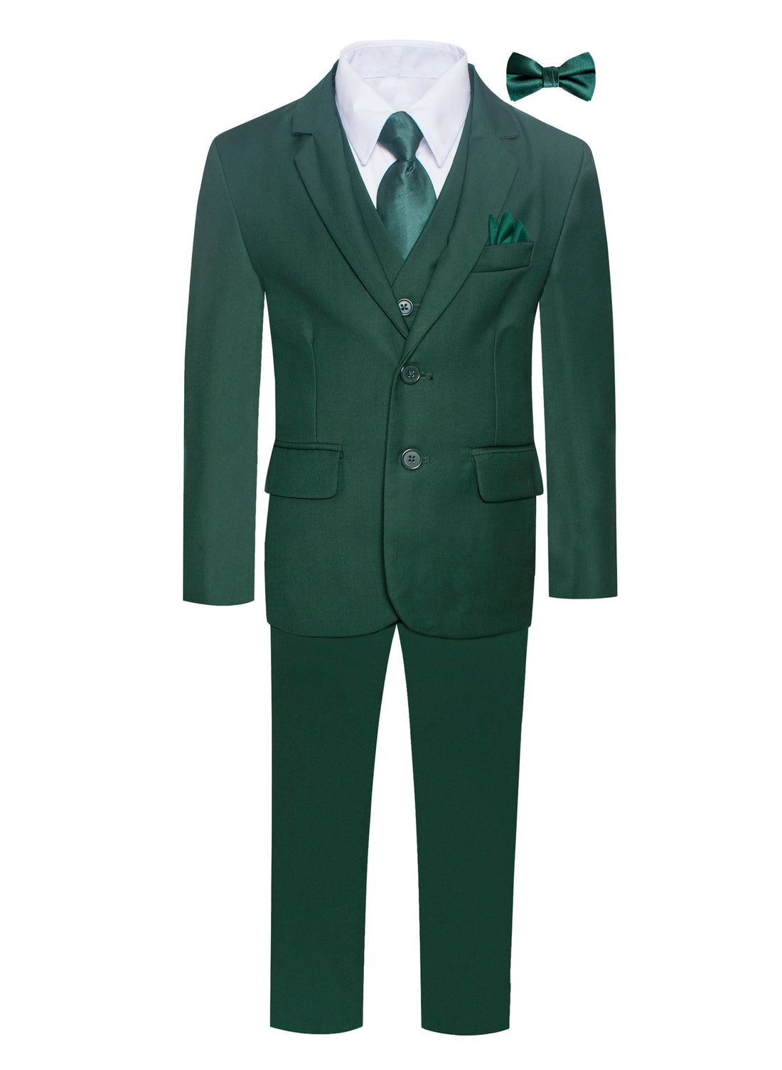 Executive 7PC boys hunter green suit with 2-button jacket, vest, pants, white dress shirt, green tie, bow tie and pocket square