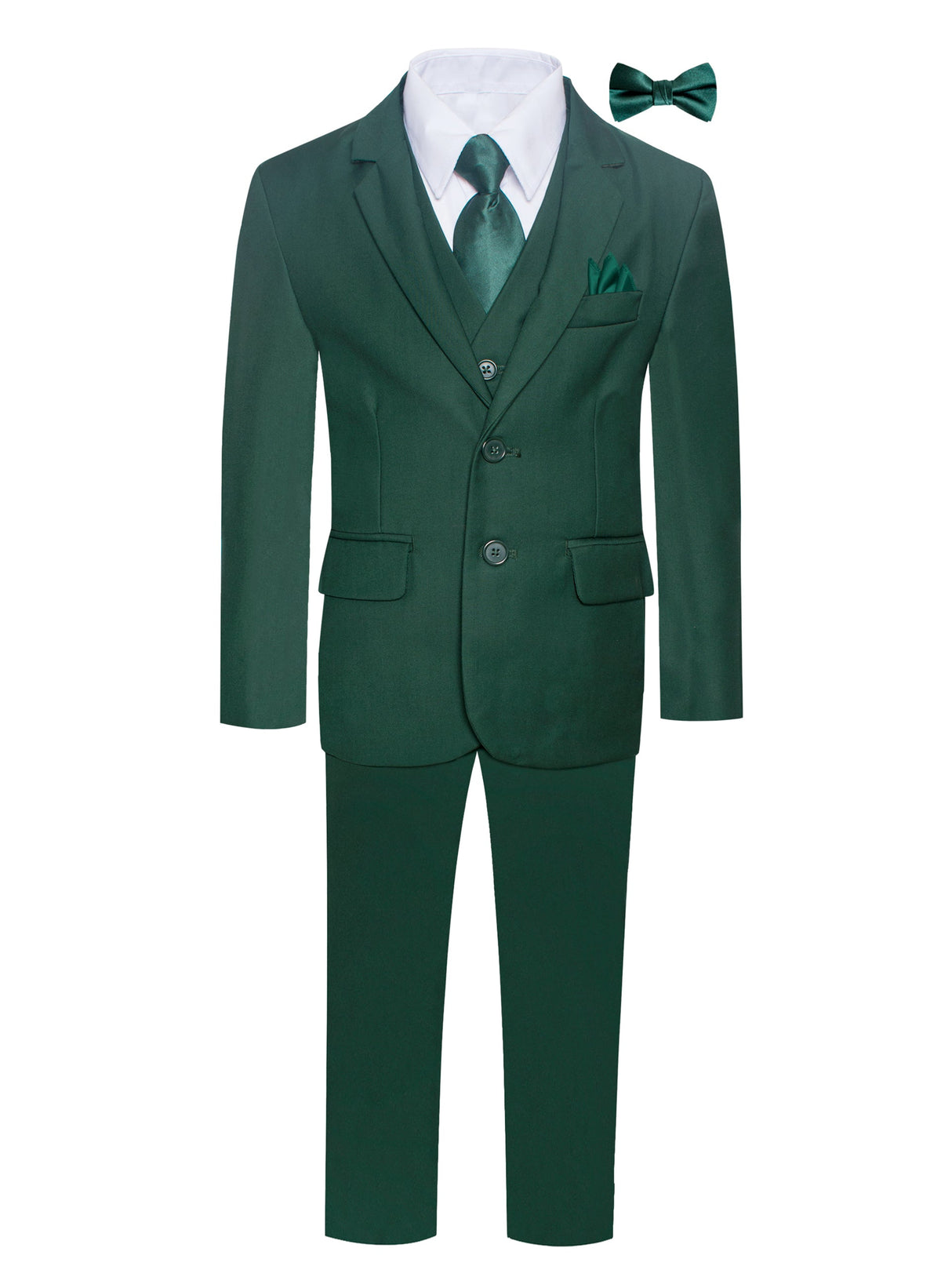 Executive 7PC boys hunter green suit with 2-button jacket, vest, pants, white dress shirt, green tie, bow tie and pocket square