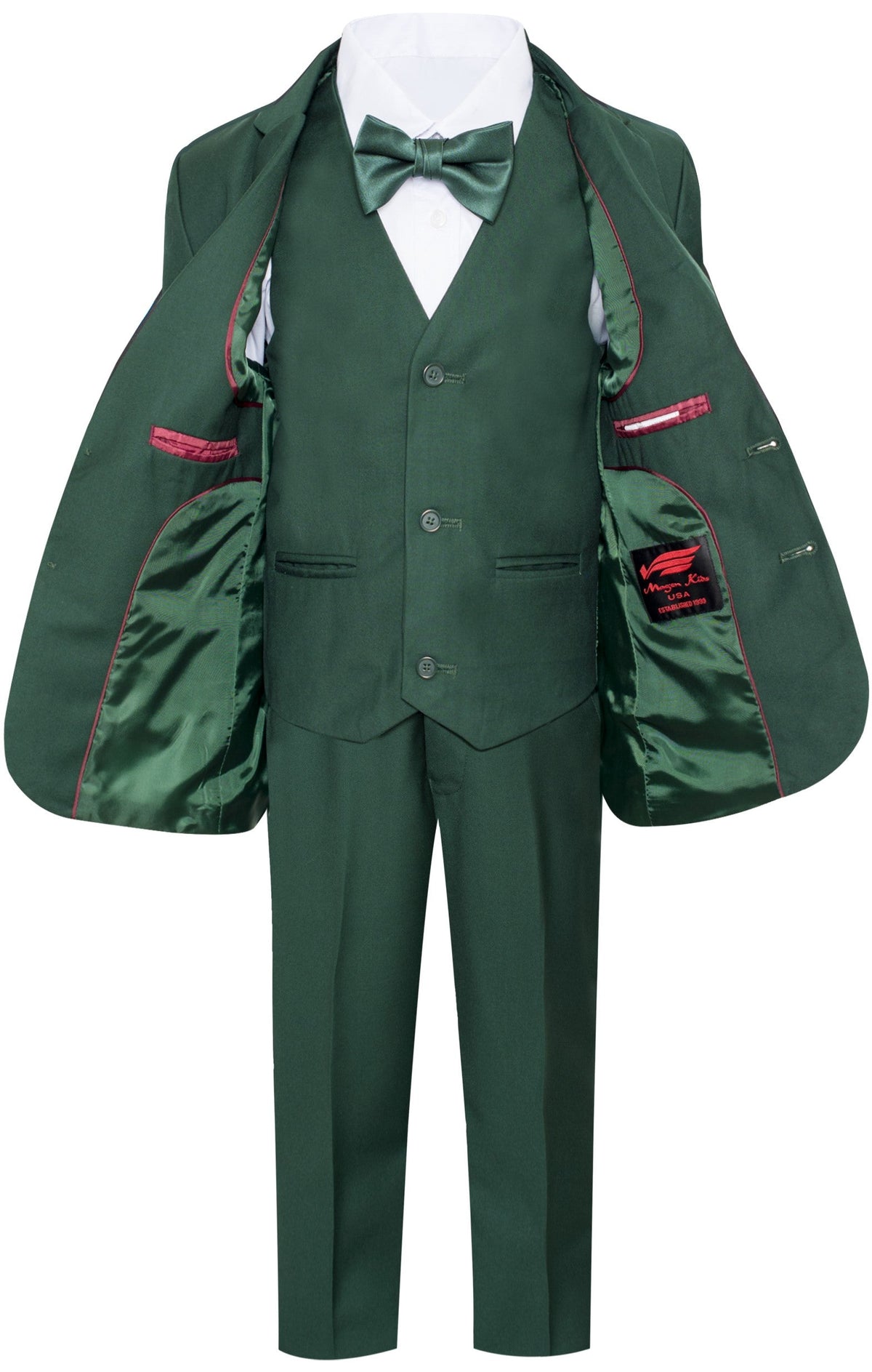 Boys hunter green suit with jacket open showing the fully lined interior, matching vest, bow tie and flat-front dress pants