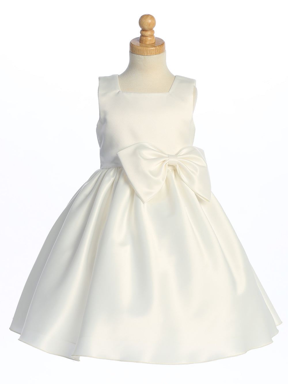 Display of rich American satin craftsmanship in a stunning flower girl dress.