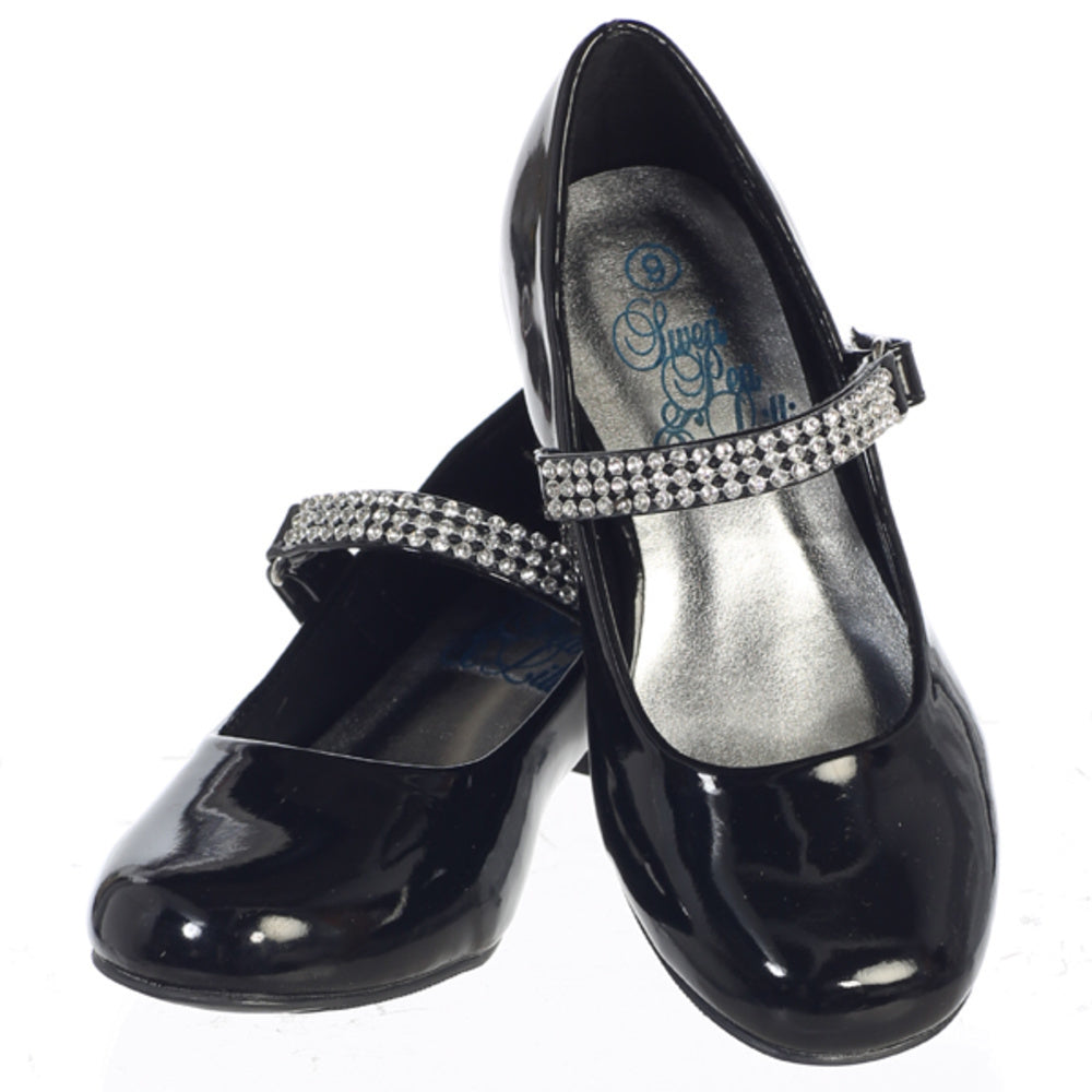 Girls shoes with 1" heel & rhinestone strap in black patent finish, perfect for flower girl or communion outfits.