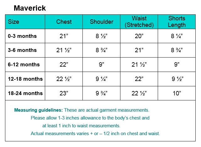 Maverick Baby Boys Baptism Outfit size chart with chest, shoulder, waist, and shorts length measurements for ages 0-24 months.
