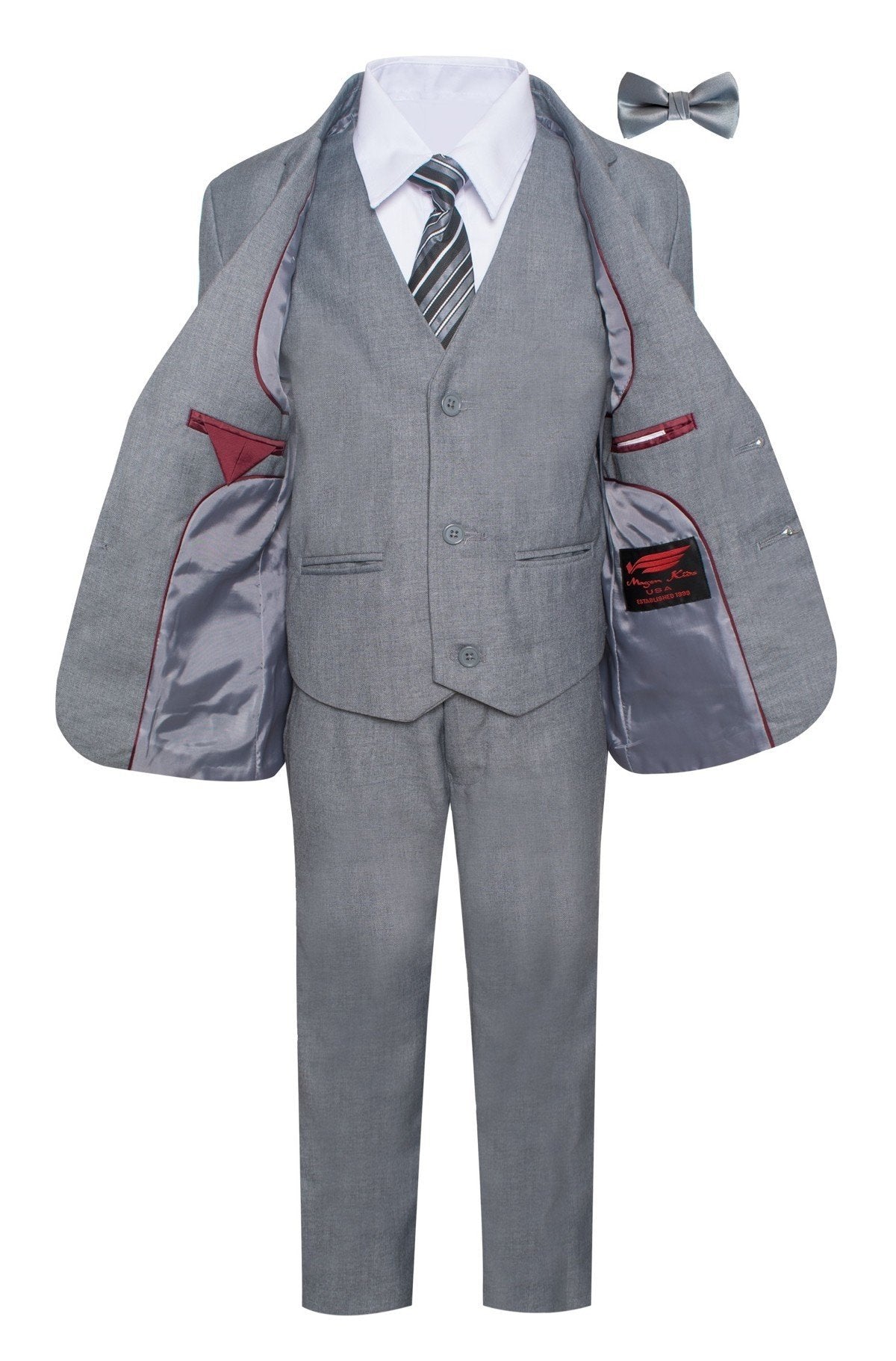 A children's three-piece gray suit set displayed on a white mannequin torso, including a suit jacket with red lining, matching trousers, a white dress shirt, a striped tie, and a gray bow tie, shown against a plain white background.