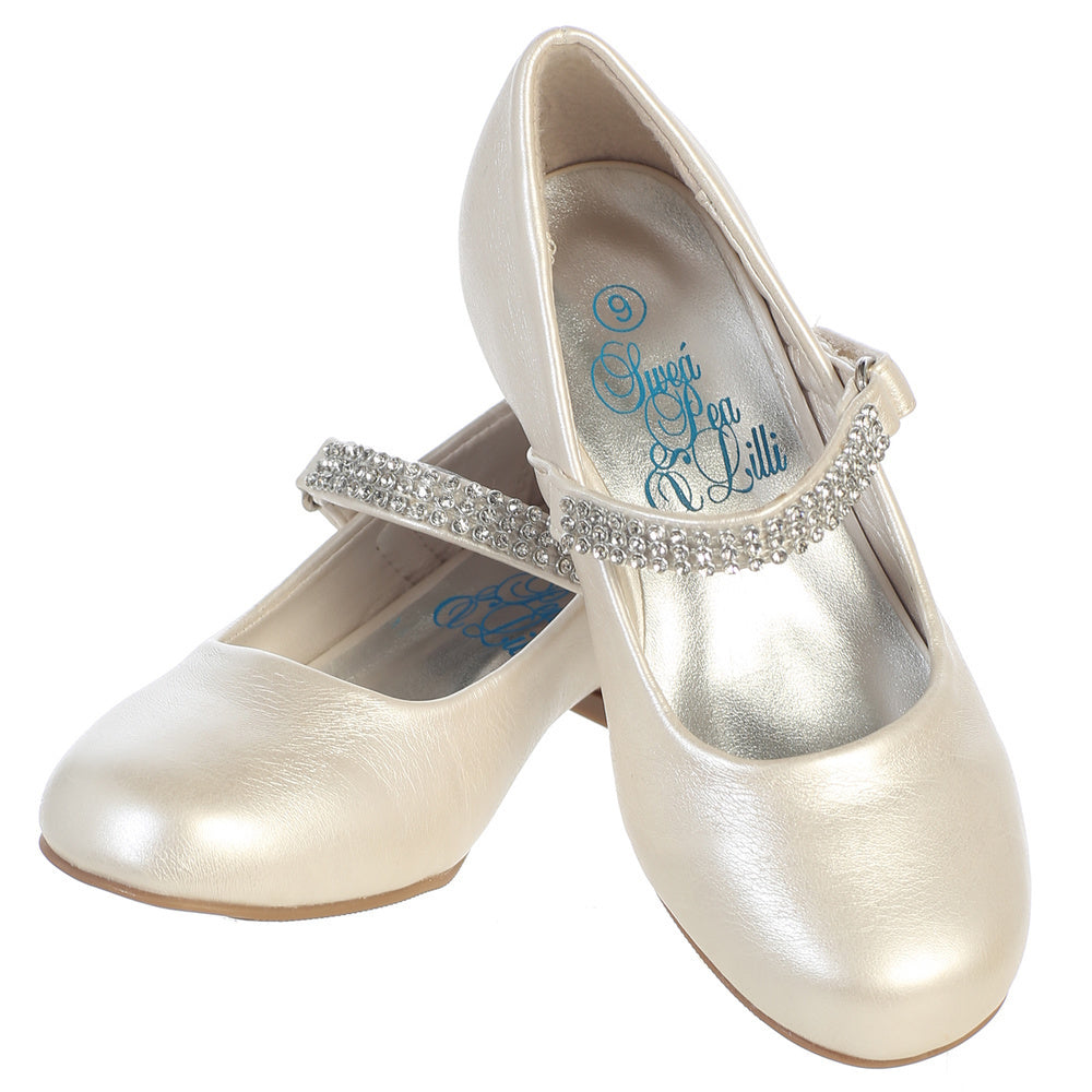 Ivory girls shoes with 1" heel and rhinestone strap from Malcolm Royce, perfect for flower girl or communion outfits