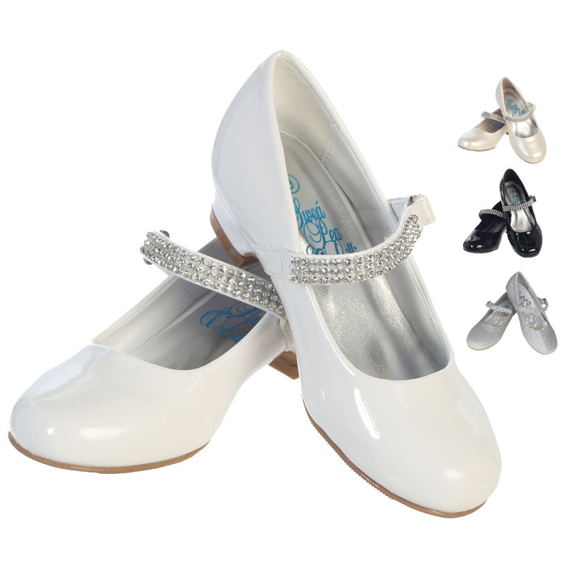 Girls shoes with 1" heel & rhinestone strap in white, perfect for flower girl or communion outfits.