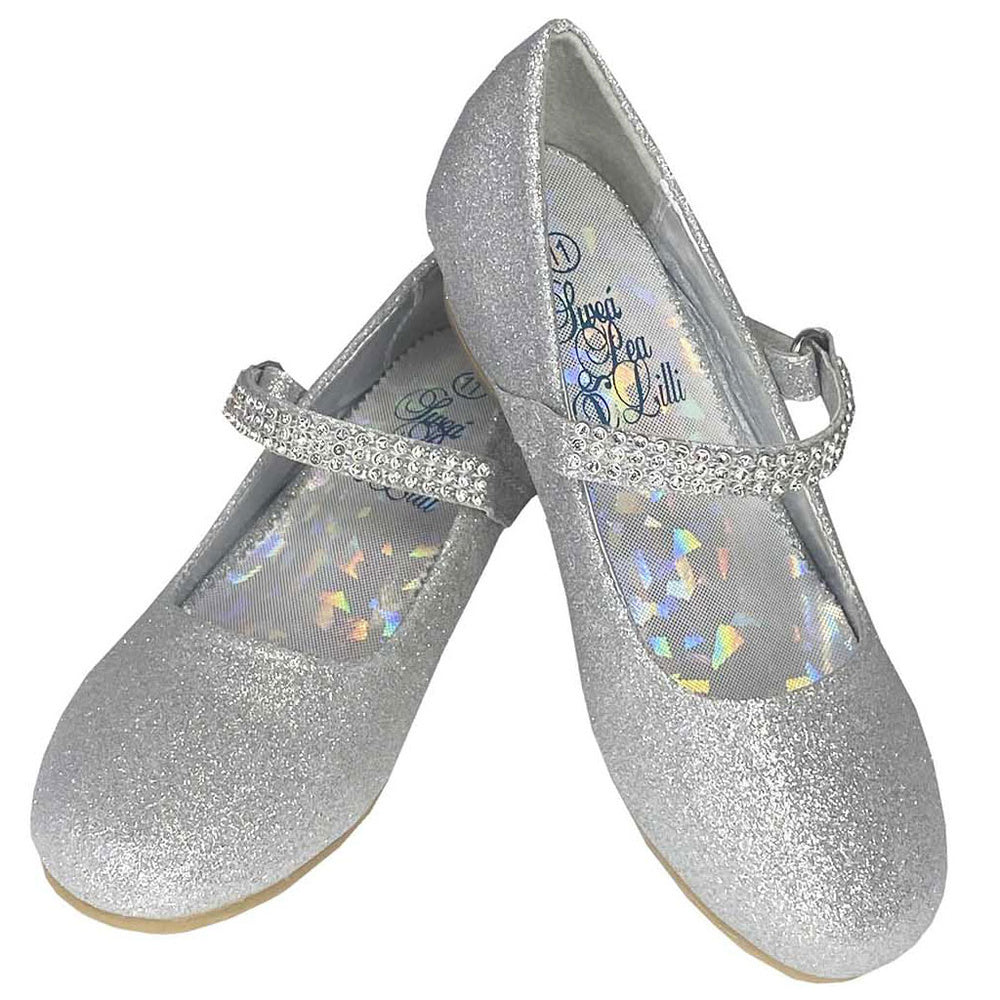 Girls shoes with 1" heel & rhinestone strap in sparkling silver, perfect for flower girl or communion outfits. 