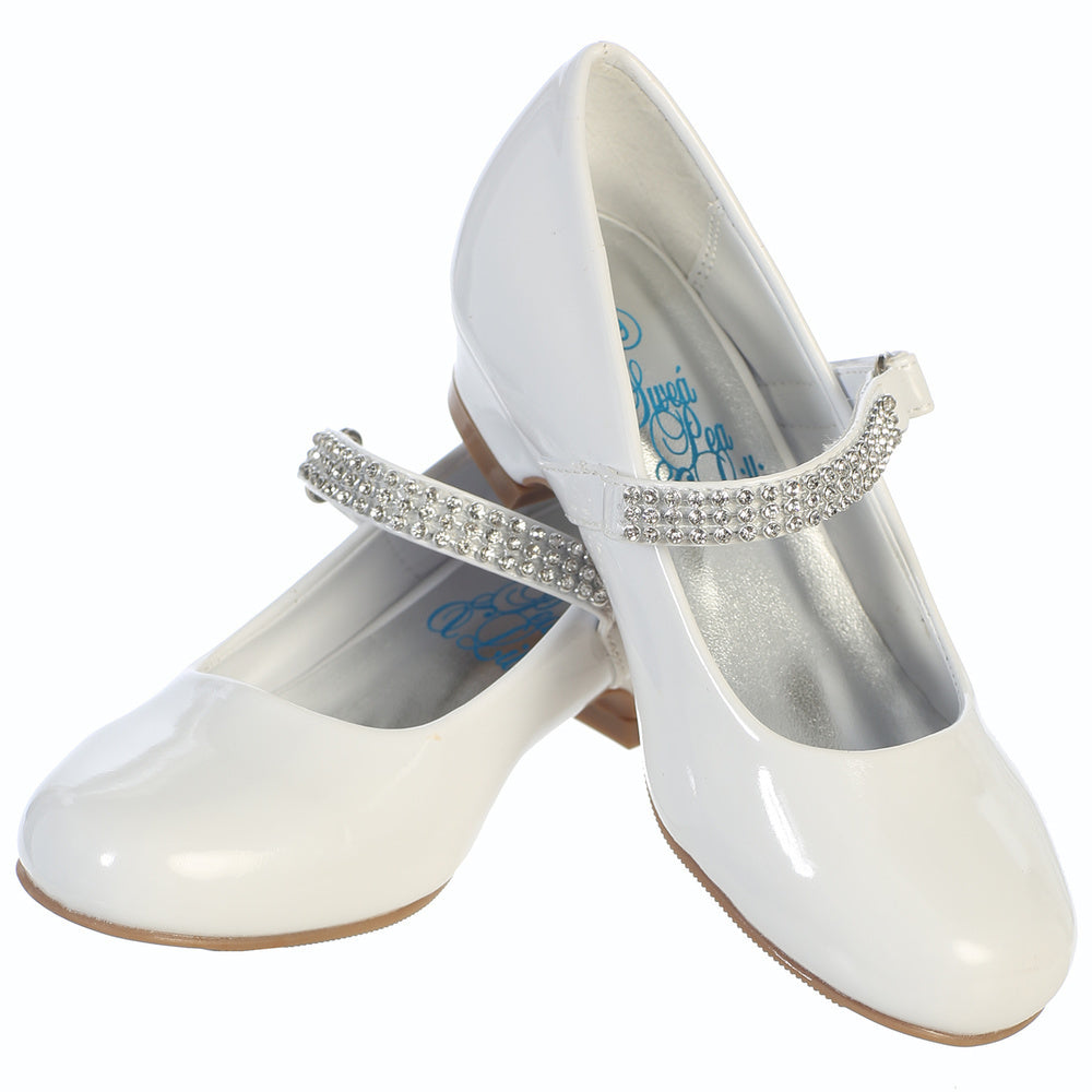 Girls shoes with 1" heel & rhinestone strap in glossy white finish, perfect for flower girl or communion outfits. 