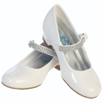 Girls shoes with 1" heel & rhinestone strap in glossy white finish, perfect for flower girl or communion outfits. 