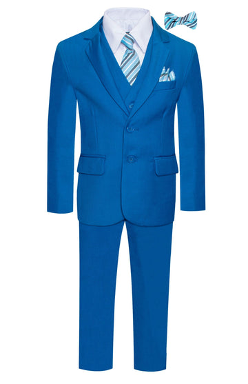 Executive 7PC boys royal blue suit with 2-button jacket, vest, pants, white dress shirt, striped tie, bow tie and pocket square