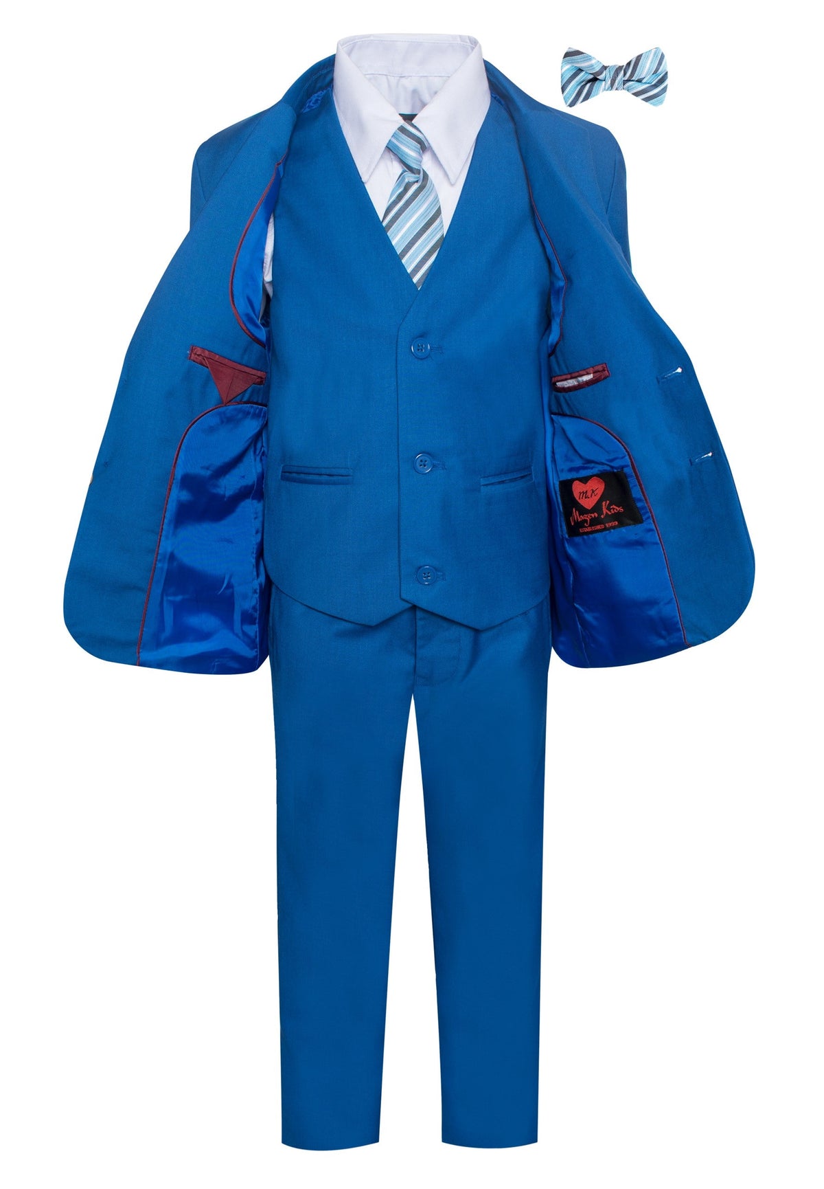 Boys royal blue suit with jacket open showing the fully lined interior, matching vest and flat-front dress pants
