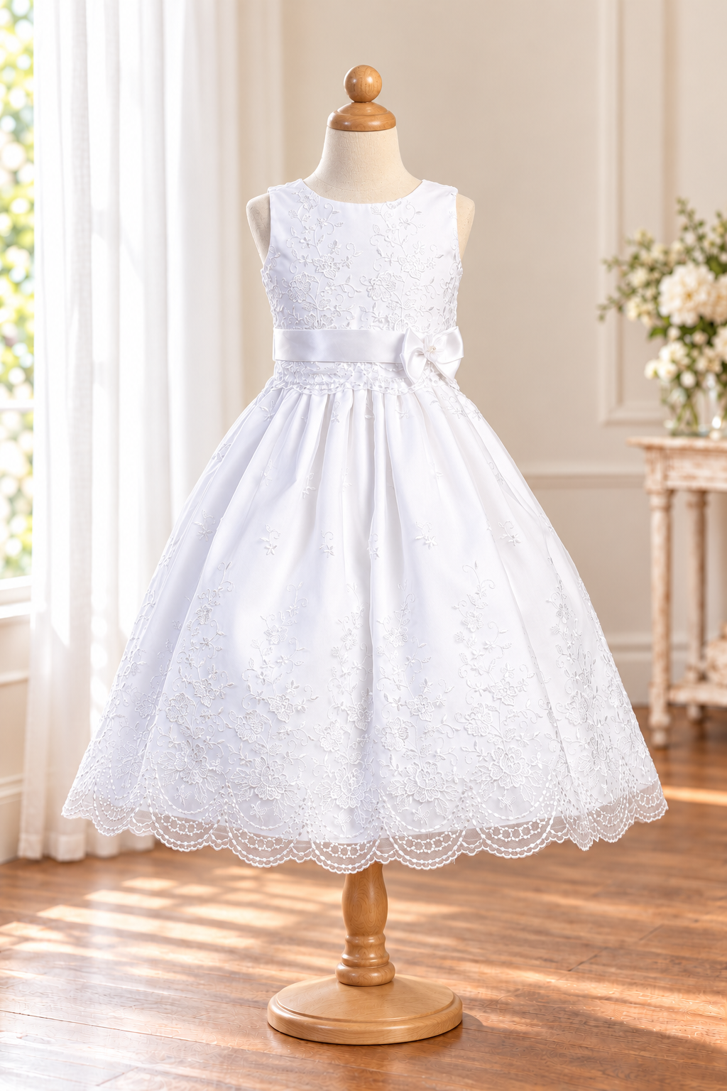 Style 110 white embroidered organza Communion dress, front mannequin view showing satin waist bow and scalloped embroidered hem.