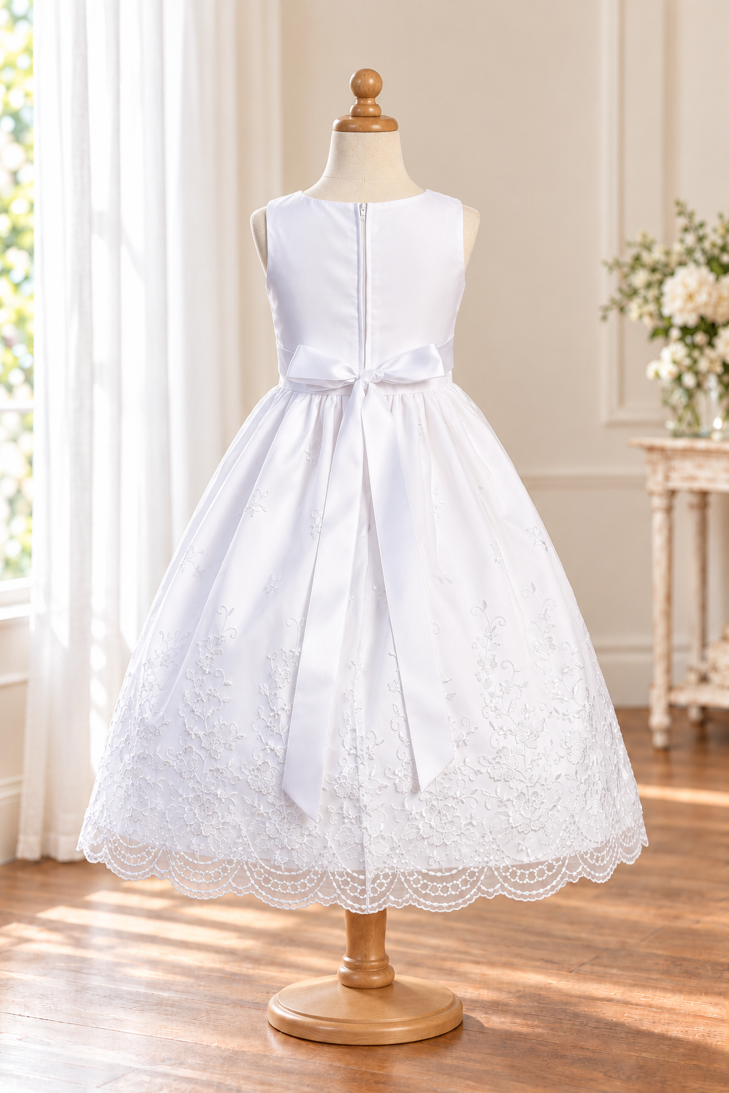 Style 110 Communion dress, back mannequin view showing plain bodice, center zip and satin bow with long tails.