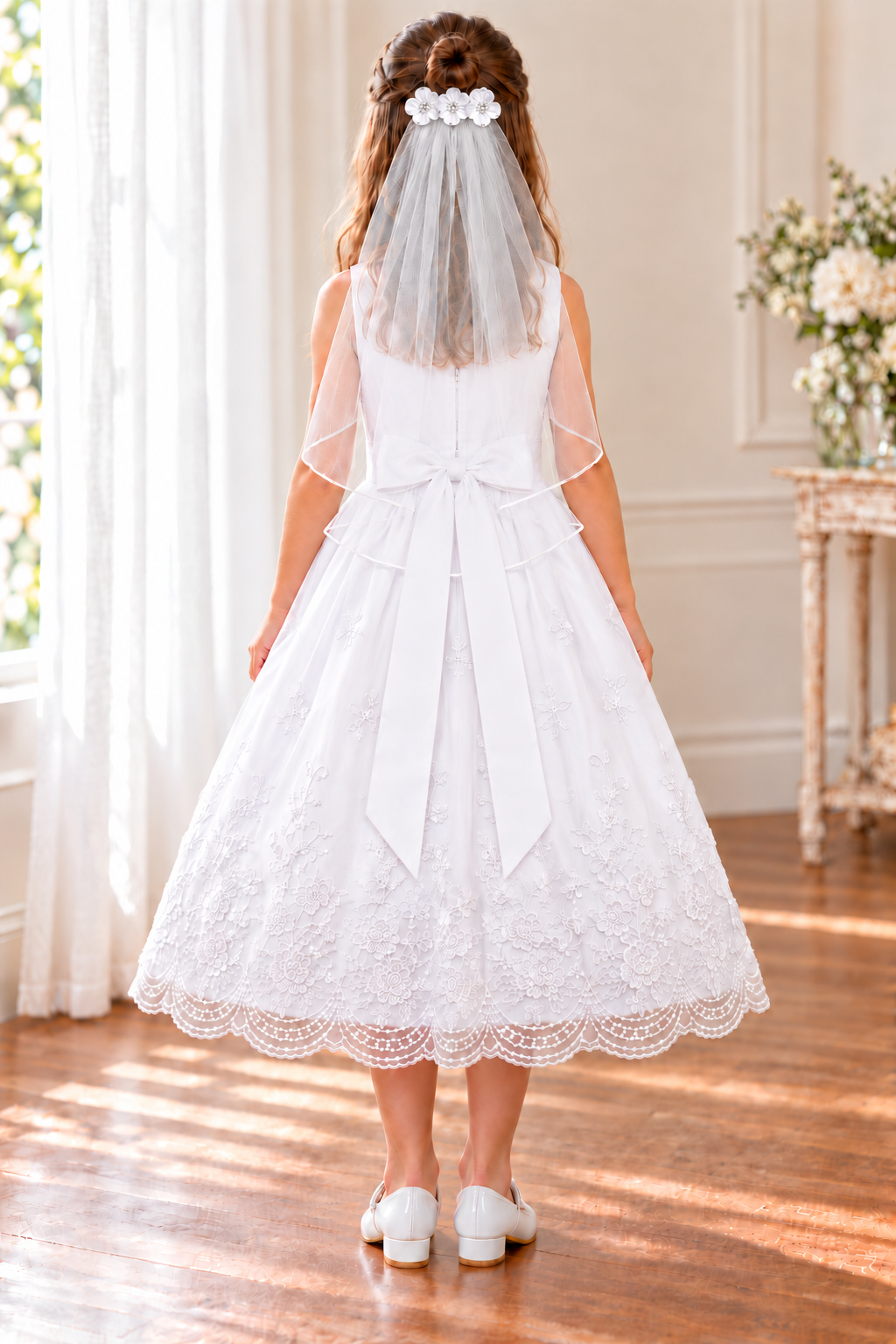Style 110 embroidered organza Communion dress rear on a child model, showing slim satin bow tails and a T-49 three-flower satin comb veil; Mia shoes and veil sold separately.