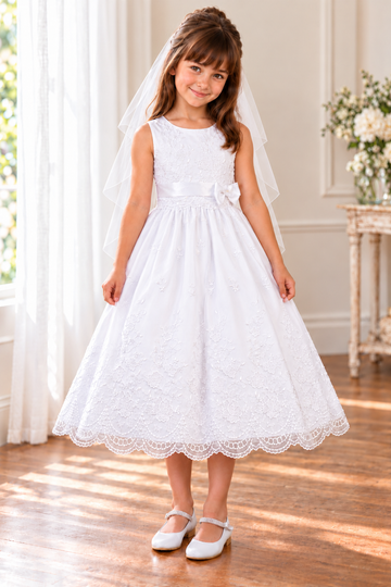 Style 110 white embroidered organza Communion dress, front view on a child model with white Mia shoes and T-49 veil.