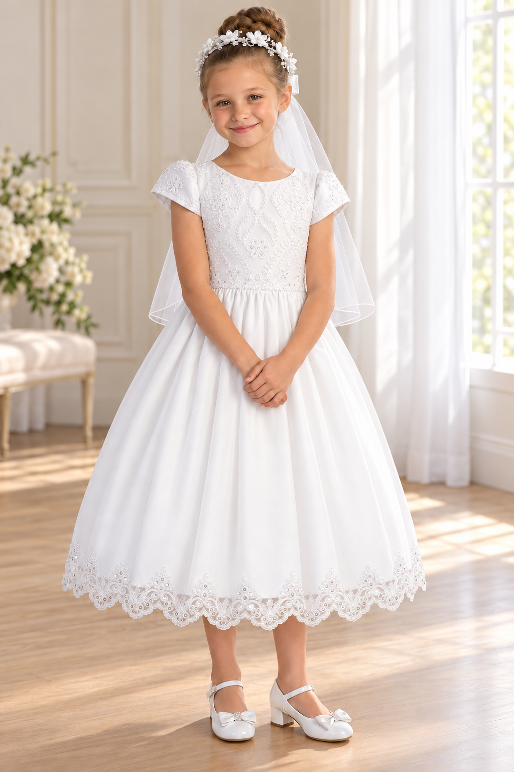 Style 167 white Communion dress, front on a child model with T-52 veil and GZ5504 shoes; accessories sold separately.