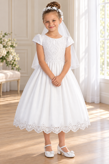 Style 167 white Communion dress, front on a child model with T-52 veil and GZ5504 shoes; accessories sold separately.