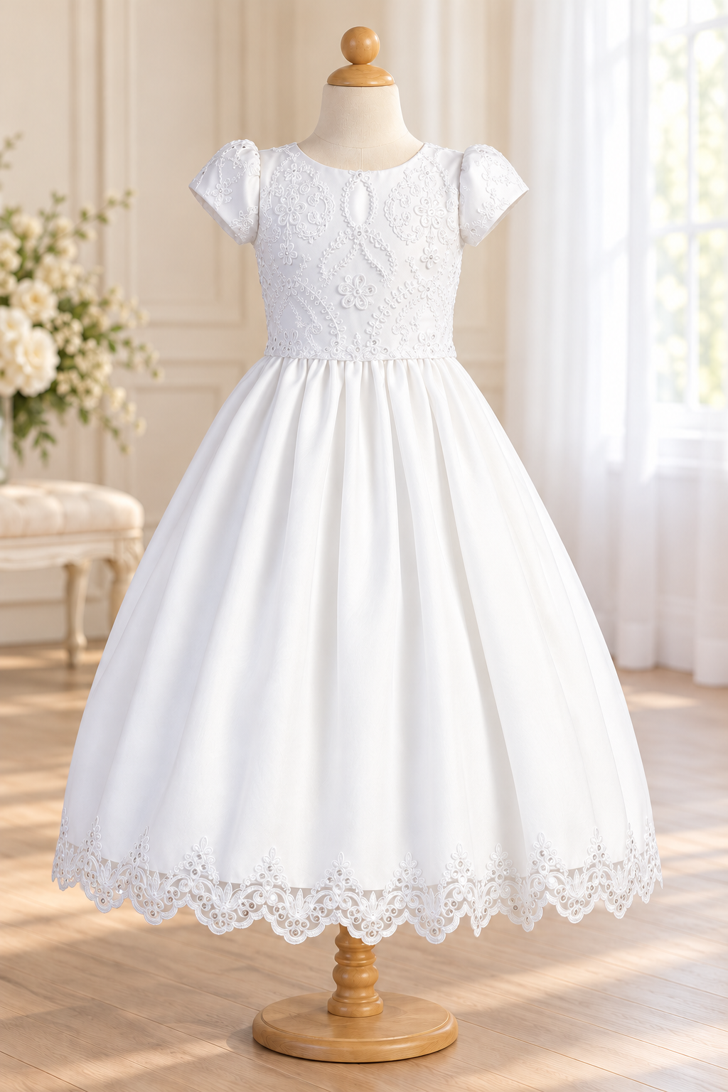 Style 167 white Communion dress front, showing embroidered cap-sleeve bodice and scalloped tea-length hem.