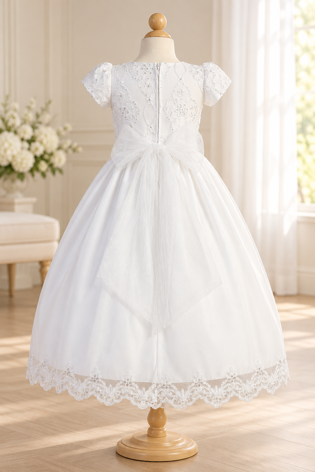 Style 167 white Communion dress back, showing centre zipper and sheer tulle waist bow.