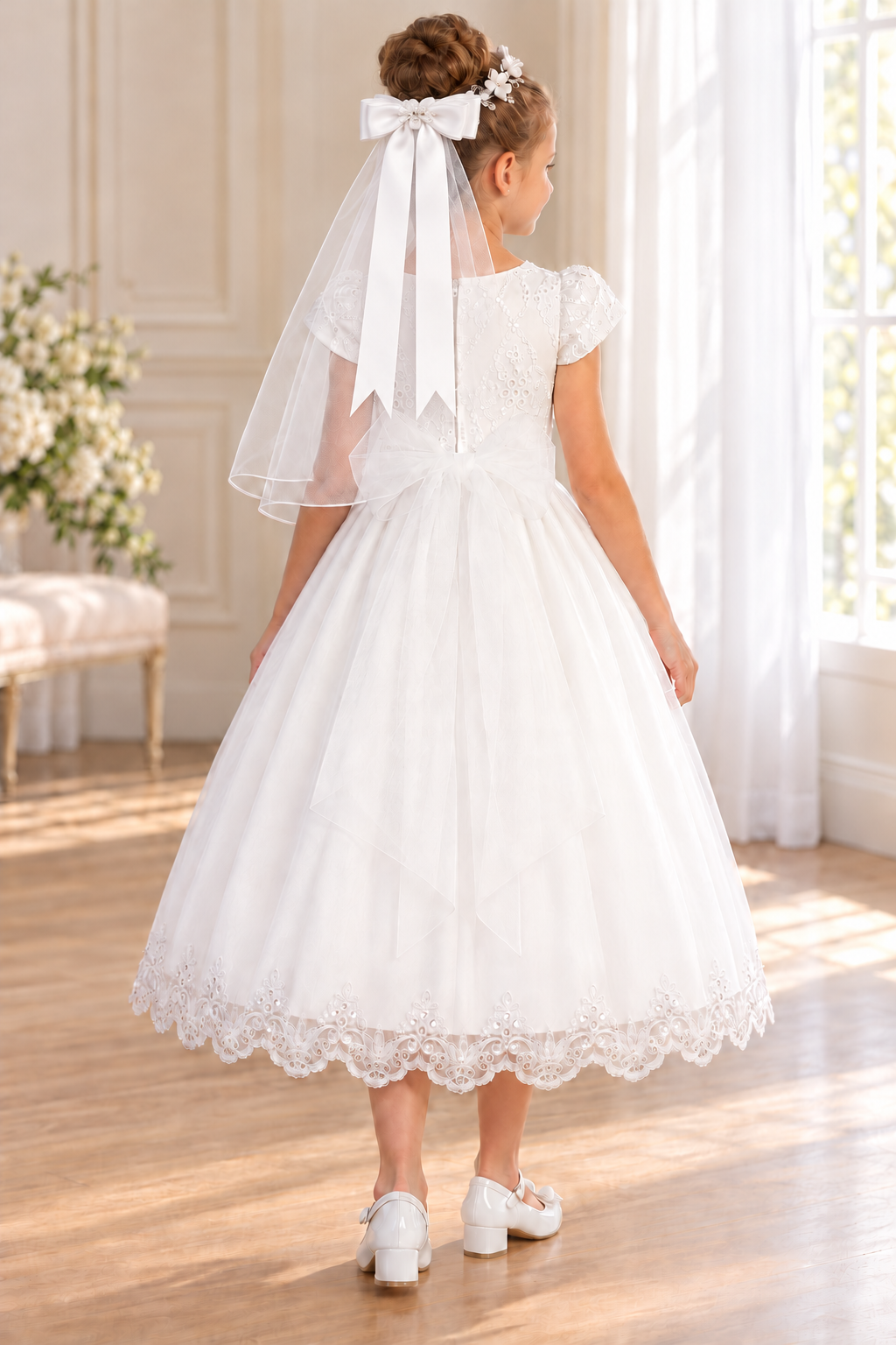 Style 167 Communion dress rear on a child model, showing a sheer tulle waist bow and T-52 veil with layered satin head bow and long ribbon tails; GZ5504 shoes and veil sold separately.