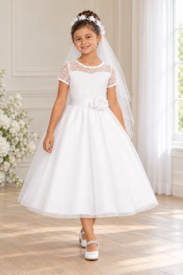 Style 169 white Communion dress front on a child model with Mia shoes and T-330 rose veil; accessories sold separately.
